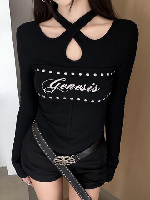 Sexy Hot Girl Cross Halter Neck Unique Letter Print T-Shirt for Women, Autumn and Winter Brushed Hollow Design Short Top