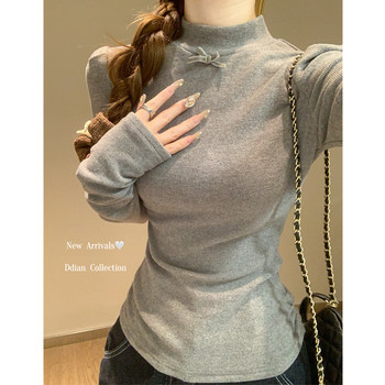 Korean Style Gentle Half-High Collar Puff Sleeve T-Shirt for Women, Autumn and Winter Brushed Fleece with Pleated Design Long-Sleeve Top ins