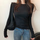 Solid Color Long-Sleeve T-Shirt for Women, 2024 Autumn New Korean Style, Round Neck, Ruffled Sleeves, Slim Fit, Slightly Sheer Base Shirt Top ins
