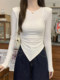 Hong Kong Style Spicy Girl Irregular Long-Sleeve T-Shirt for Women, 2026 Spring White Slim-Fit Flattering Base Shirt, Unique Top