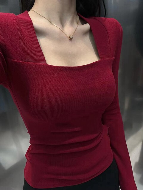 Solid Color Stylish Slim-Fit Shoulder-Padded T-Shirt for Women, Autumn Fashion, Black High-End Long-Sleeve Square-Neck Top ins