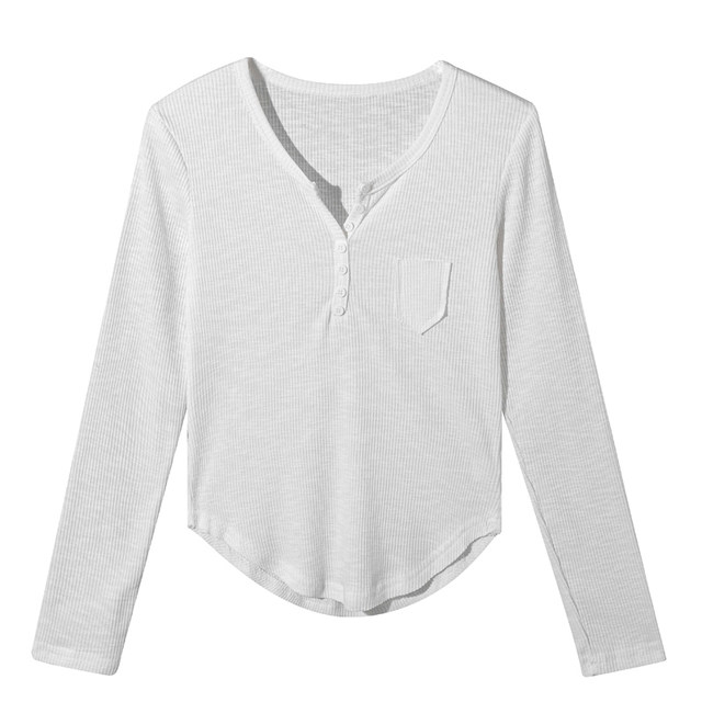 Korean Style Bamboo Cotton V-Neck Long-Sleeve T-Shirt for Women, New Autumn Design with Unique Curved Hem, Slim Fit and Flattering Base Shirt