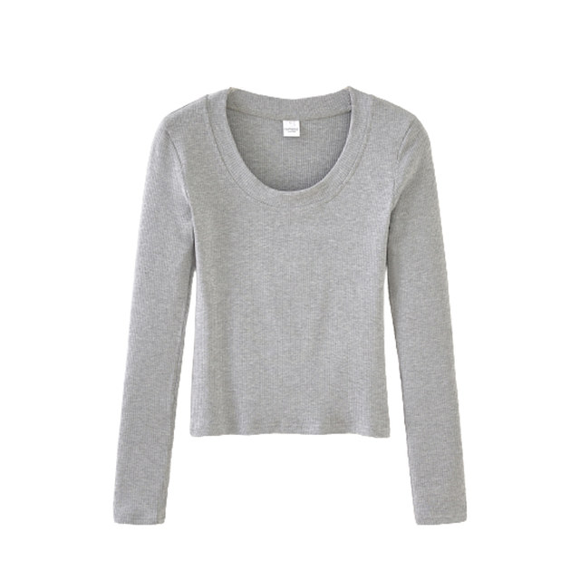 Basic Gray U-Neck Regular Shoulder Long-Sleeve T-Shirt for Women, Early Autumn New Korean Style Slim-Fit Short Versatile Top