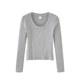 Basic Gray U-Neck Regular Shoulder Long-Sleeve T-Shirt for Women, Early Autumn New Korean Style Slim-Fit Short Versatile Top