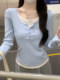 Korean Style U-Neck Buttoned Faux Two-Piece Long-Sleeve T-Shirt for Women, 2025 Autumn Design, Slim Fit, Chic and Unique Top