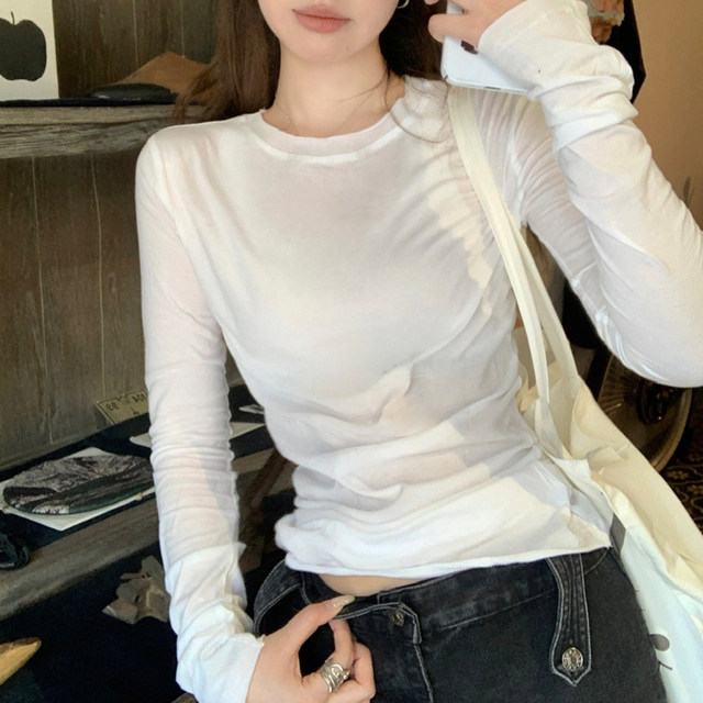 Chic Rolled-Edge Round-Neck Long-Sleeve T-Shirt for Women, New Spring and Autumn Thin Style, Simple White Slim-Fit Base Shirt ins