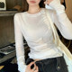 Chic Rolled-Edge Round-Neck Long-Sleeve T-Shirt for Women, New Spring and Autumn Thin Style, Simple White Slim-Fit Base Shirt ins