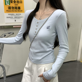 Korean-Style Blue Long-Sleeved T-Shirt for Women, Early Autumn, Pleated Design, Unique and Chic Short Top ins