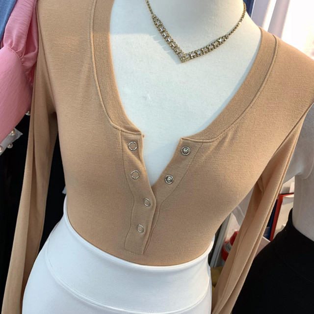 Pure Desire Style Hidden Button Bust-Enhancing Long-Sleeve T-Shirt for Women, New Autumn Korean Version, Slim-Fitting, Sexy Half-Open Collar Base Shirt