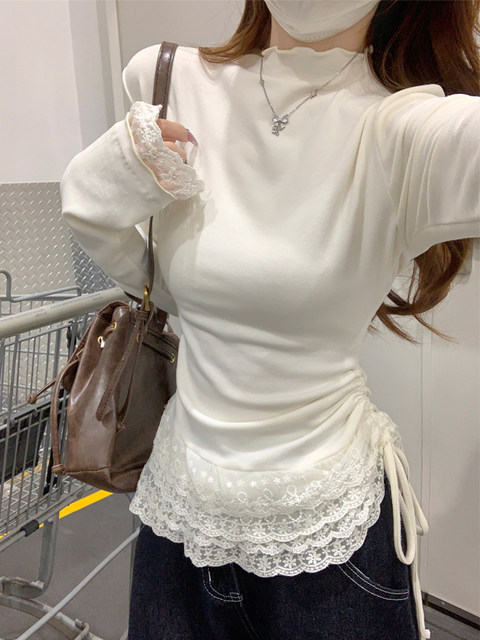 Half-High Collar Stylish Lace-Trimmed Drawstring Design T-Shirt for Women, Autumn Korean Chic, Super Nice and Unique Top