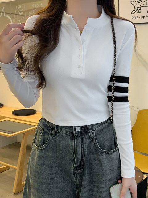 Chic and High-End Versatile Half-Open Collar T-Shirt for Women, Spring 2026, with Shoulder Pads, Contrasting Color Horizontal Stripes, Unique Top