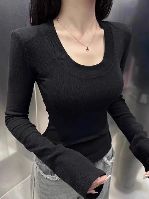 New Year Red Brushed Shoulder Pad Long-Sleeve T-Shirt for Women 2025 Winter, Sexy Short Top That Exposes Collarbone ins