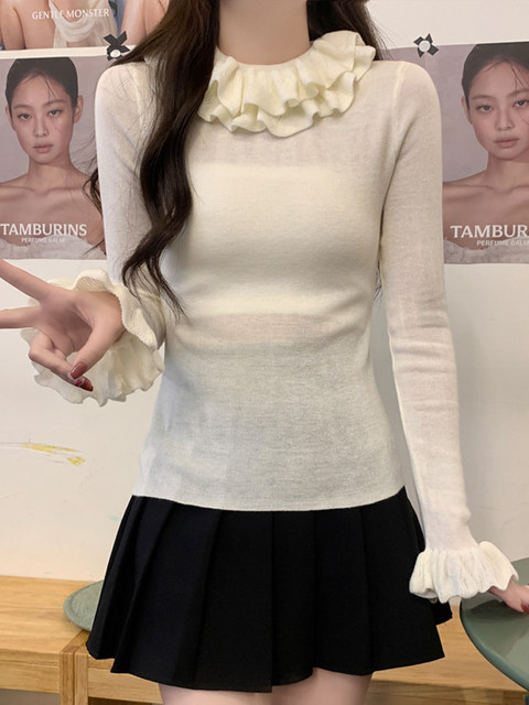 Fashionable Lace Collar Versatile Knit Top for Women 2025 Early Autumn Korean Style Sweet and Elegant Slim Fit Inner Top