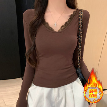 Trendy V-Neck Lace Brushed T-Shirt for Women, Autumn and Winter Slim-Fit Base Layer, Warm Inner Wear, Beautiful and Age-Reducing Top ins