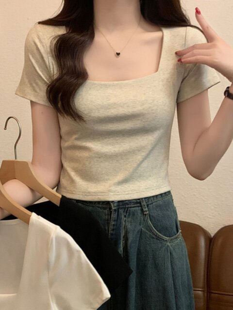 Square-Neck Spicy Girl Short Versatile Short-Sleeve T-Shirt for Women, 2025 Summer New Fashion Thin Design Stylish Top