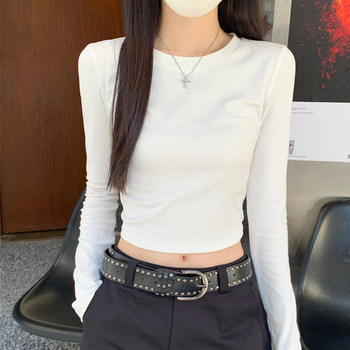 Solid Color Round Neck Slim Fit Long-Sleeve T-Shirt for Women, Early Autumn Base Layer, Pure and Alluring Style, Cropped and Simple Top