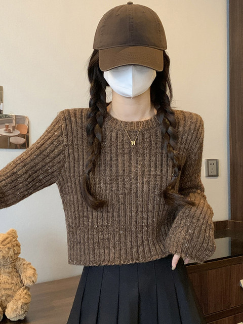 Fashionable and Sophisticated Unique Sweater for Women in Autumn and Winter with Fine Shimmer Design, Round Neck, Stylish Short Top