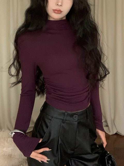 Purple Half-High Collar Thickened Brushed T-Shirt for Women 2024 Winter Hot Girl Sexy Pleated Versatile Top That Flatters the Figure