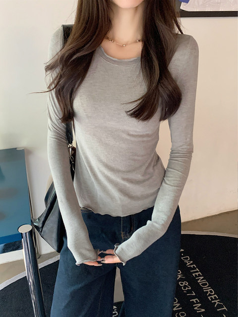 Pure Desire Hot Girl Ruffled Slim Fit Long Sleeve T-Shirt for Women 2024 Autumn/Winter Sweet Age-Reducing Brushed Basic Base Layer Top