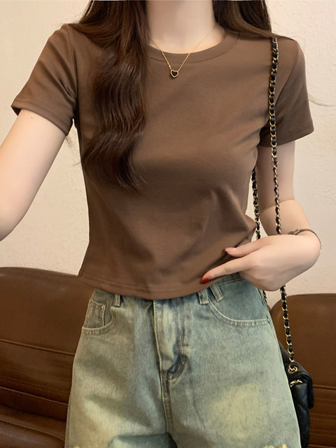 American Style Spicy Girl Simple Slim-Fit Base Shirt Short-Sleeve T-Shirt for Women, New Summer High-Waisted Versatile Short Top with Regular Shoulders