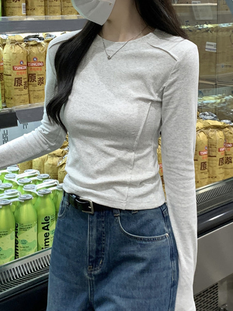 Korean Style Elegant Fishbone Slim-Fit Design Long-Sleeve T-Shirt for Women 2025 Early Autumn Petite Versatile Simple Top ins