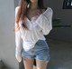 Loose, Asymmetrical Half-Open Collar Button-Up White Long-Sleeve T-Shirt for Women, New Autumn Style, Pure and Lazy, Sun-Protective, Thin Top