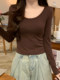 Base Layer Shirt 2026 New Women's Spring Basic Style Brushed Warm Inner Wear Simple Regular Shoulder U-Neck High-Waisted Top ins