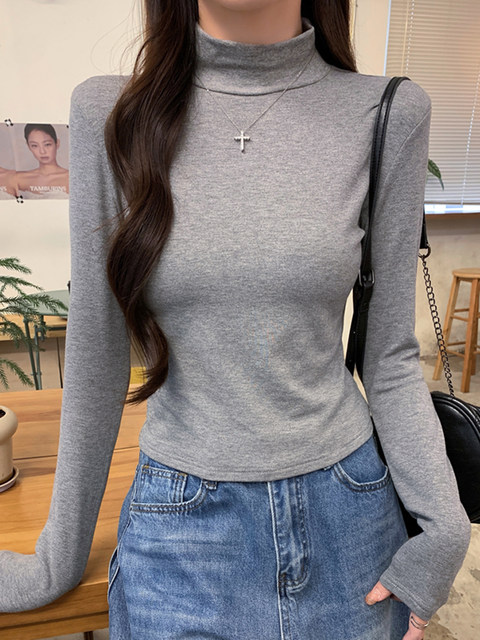 Basic Half-High Collar Brushed Thickened Base Shirt for Women, New Autumn and Winter Style, Petite Size, Slimming, Versatile, Shoulder Pad Top