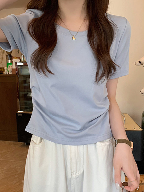 Summer 2025 New Korean Style Candy-Colored High-Waisted Short-Sleeved T-Shirt for Women with Irregular Design Short Top ins