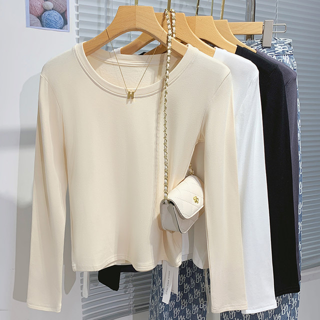 Versatile Base Layer Shirt for Petite Women, 2024 Autumn and Winter, Fleece-Lined, Warm, Long-Sleeved T-Shirt, Low-Neck, Slim-Fit Inner Top ins