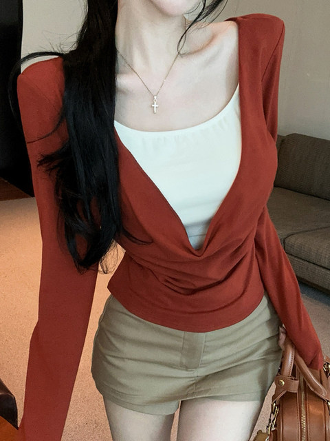 Trendy High-Elastic Slim-Fit Knit Top with Chest Pads for Women, Autumn and Winter Design with Beaded Faux Two-Piece Style and Draped Collar