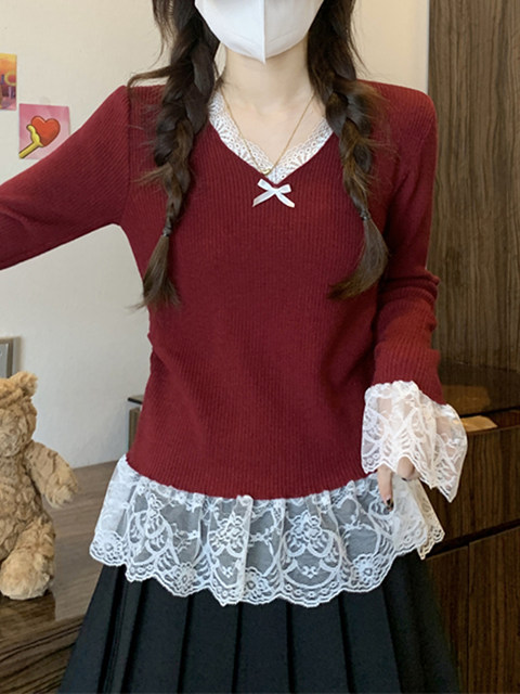 Stylish and Unique Bow-Tie Blouse for Women, Autumn and Winter Lace Patchwork Faux Two-Piece Chic High-End Top
