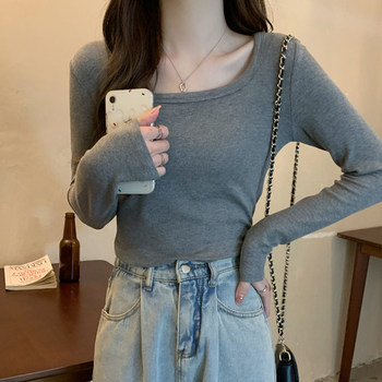 Basic Gray Ribbed Long-Sleeved Top That Exposes the Collarbone, Women's Early Autumn New Korean Style Slim Fit Short Top