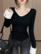 Korean Style Pure Desire Style Color-Block V-Neck Long-Sleeve T-Shirt for Women 2025 Winter Unique Shirt Sleeve Top Brushed Warm Base Layer Shirt