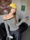 Trendy Asymmetrical Neckline Off-Shoulder Striped T-Shirt for Women, Autumn High-End Design, Slim Fit, Korean Chic Unique Top