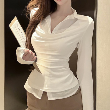 2026 Spring Style Pure Desire Hot Girl Fake Two-Piece Polo Collar T-Shirt for Women with Unique and Distinctive Design, Pleated Patchwork Shirt