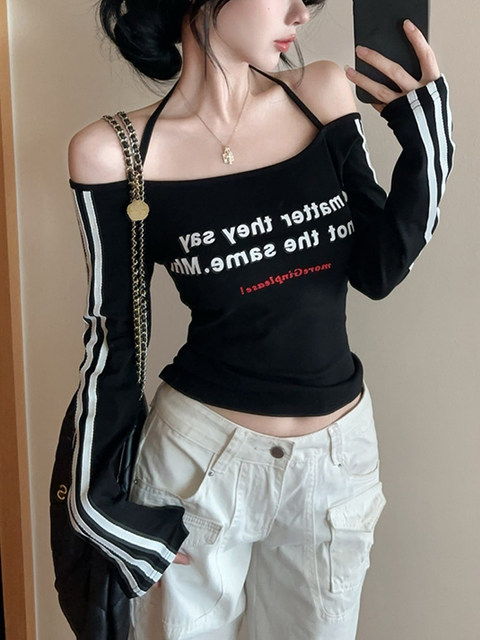 Sexy Hot Girl Style Letter Print Top for Women 2025 Autumn Tight-Fitting Versatile Long-Sleeve T-Shirt Off-Shoulder Halter Top