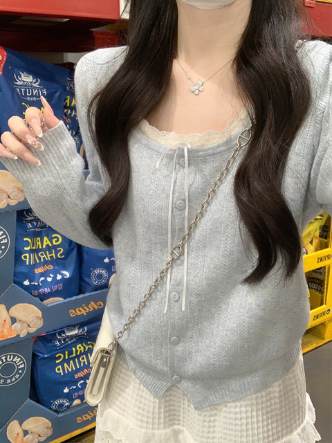 Korean Style High-End Pure Desire Square-Neck Unique Knit Sweater for Women, Autumn Color-Blocking Lace-Up Faux Two-Piece Unique Sweater