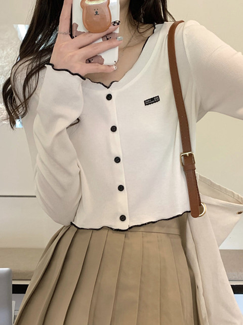 French-Style Age-Reducing Color-Blocked Ruffled Long-Sleeve Cardigan for Women, New Spring/Summer Design, Short and Unique Beautiful Top