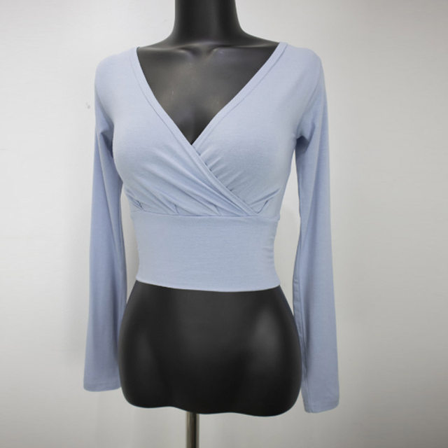 Purely Sensual and Sexy, Deep V-Neck Long-Sleeved T-Shirt for Women, Early Spring New Korean Style Slim-Fit High-Waisted Crop Top