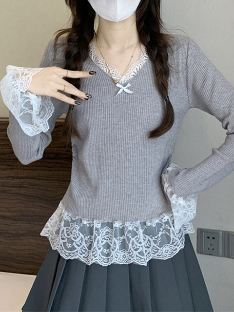 Stylish and Unique Bow-Tie Blouse for Women, Autumn and Winter Lace Patchwork Faux Two-Piece Chic High-End Top