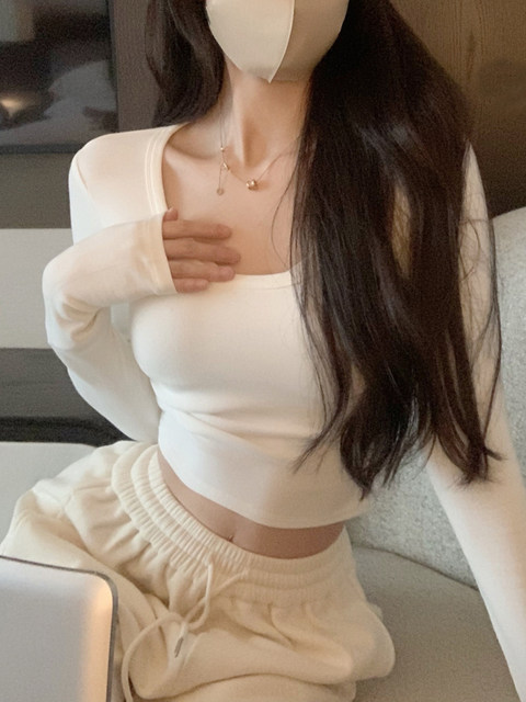 Melard Solid Color Basic Long-Sleeve T-Shirt for Women, Autumn and Winter Brushed Warm T-Shirt, Sexy Crop Top, Slim Fit Short Top