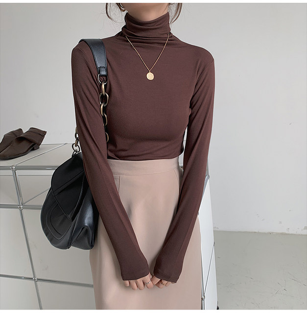 Autumn and Winter Stylish Inner Wear Turtleneck Long-Sleeve T-Shirt for Women, Slim Fit, Brushed Thin Velvet, Solid Color High-Neck Inner Top