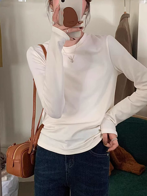 Solid Color Round Neck Long-Sleeve T-Shirt for Women, 2024 Spring New Style, Simple Basic Style, Soft and Comfortable Inner Layer Top ins