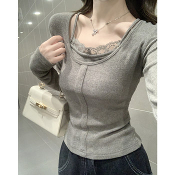 Petite Pure Desire Lace-Trimmed Faux Two-Piece T-Shirt for Women 2025 Autumn and Winter Unique Design Slim-Fit Cashmere Long-Sleeve Top