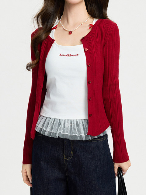 Stylish Red Knit Cardigan for Women, Spring Button-Up Slim-Fit Sweater, Short Jacket for New Year's Outfit