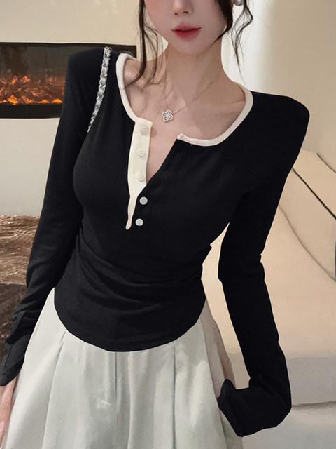 Korean Chic Style Slim-Fit T-Shirt for Women 2025 Autumn Sexy Hot Girl Half-Open Collar Button Color-Block Top