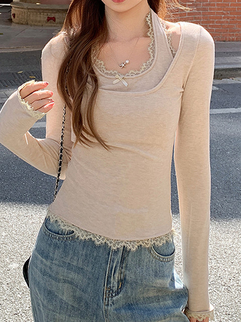 Spring New French-Style Faux Two-Piece Lace Halter Neck T-Shirt for Women, Designed with Chest Pads, Slim Fit, Short Top