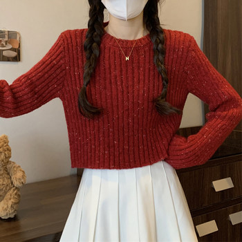 Korean Style Petite Lazy Style Knitted Sweater for Women, Autumn and Winter Versatile, Fine Shimmer, High-End Feel, Round Neck, Short Pullover Top