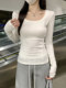 U-Neck Solid Color Basic Long-Sleeve T-Shirt for Women, New Spring Korean Style, Elegant Inner Wear, Brushed Fabric, Simple and Fashionable Top